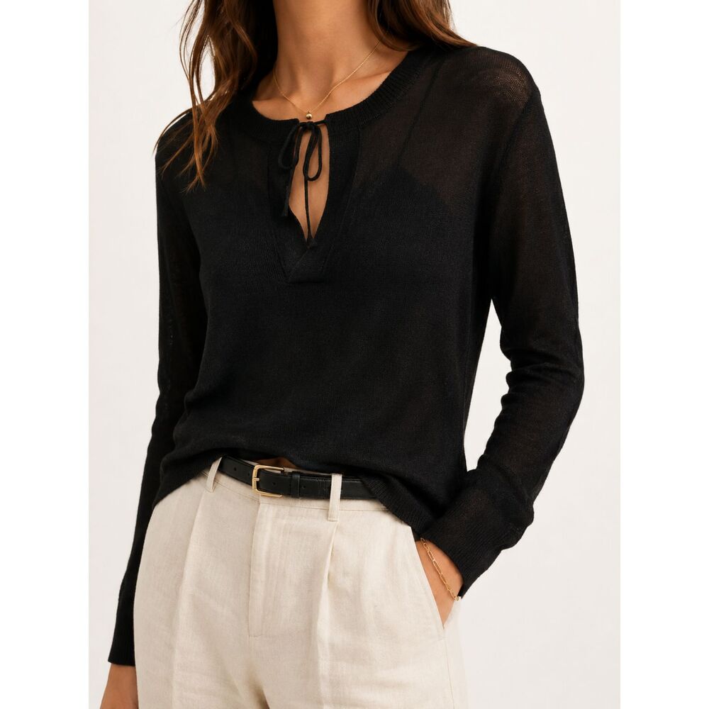 Armani Exchange AX Black 100% Linen Tie Neck Knit Sweater Women's Medium